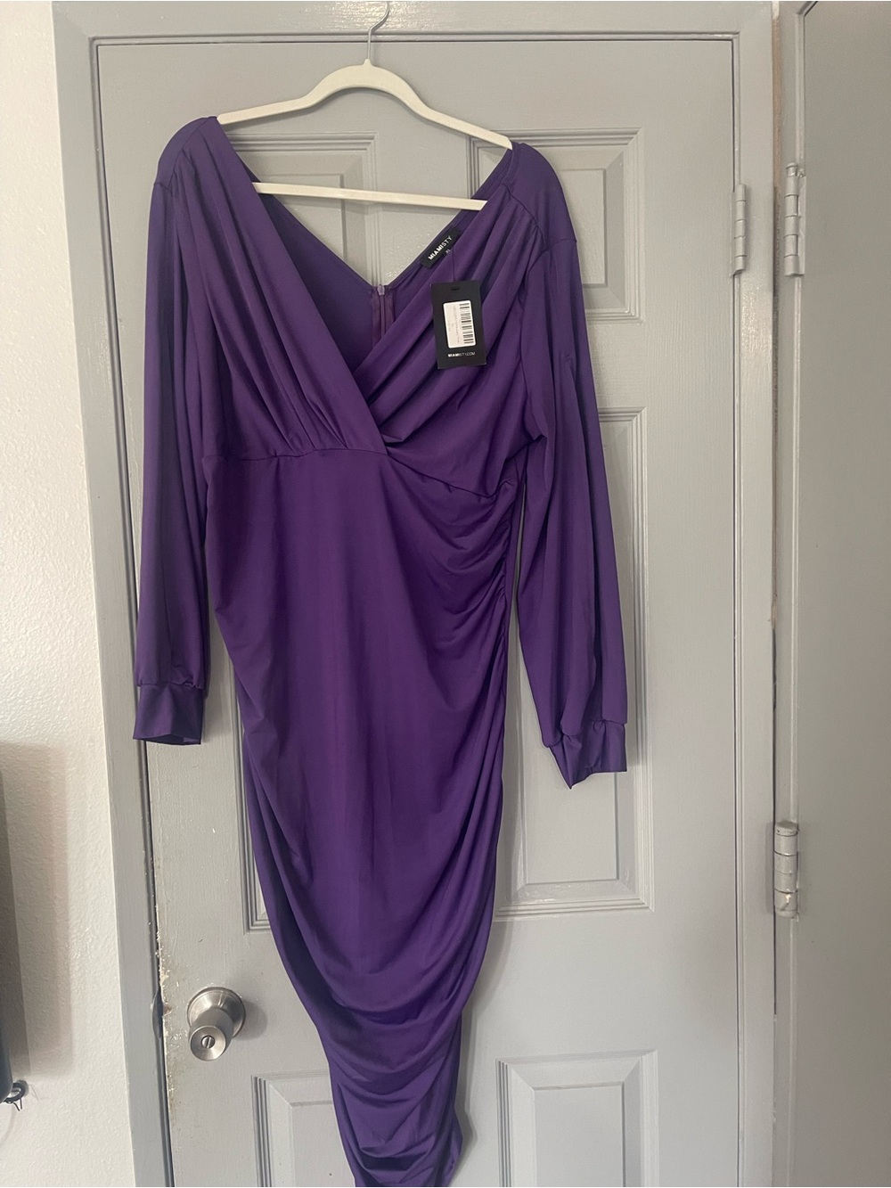 miami Deep Purple Long-Sleeve Ruched V-Neck Sheath Dress